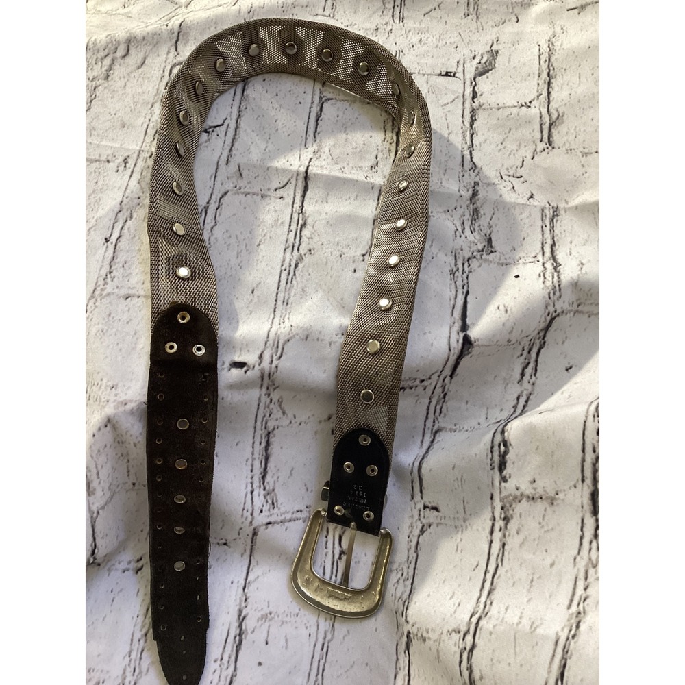Vintage Western Metal Mesh Studded Leather Belt Silver Black Size 32 1514 - Picture 5 of 6